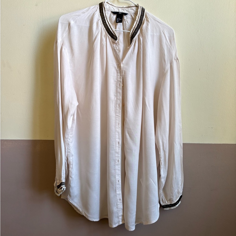 H&M Cream Blouse with Olive Green and Gold Trim
